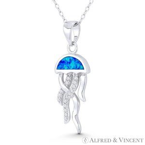 Jellyfish Sealife Boho Lab-Created Opal CZ Crystal .925 Sterling Silver Pendant